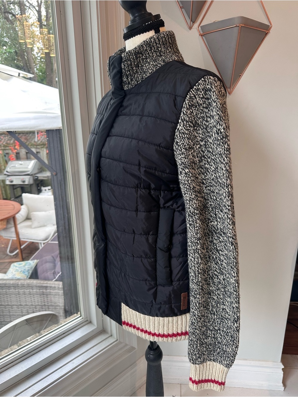 ROOTS CABIN Quilted Hybrid Jacket Puffer Core Coat Sweater Black Grey Size Small